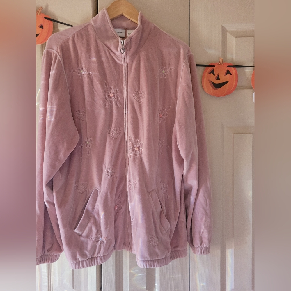 Alfred Dunner Pink Zip-Up Jacket with Embroidery And Heart Pull Zipper